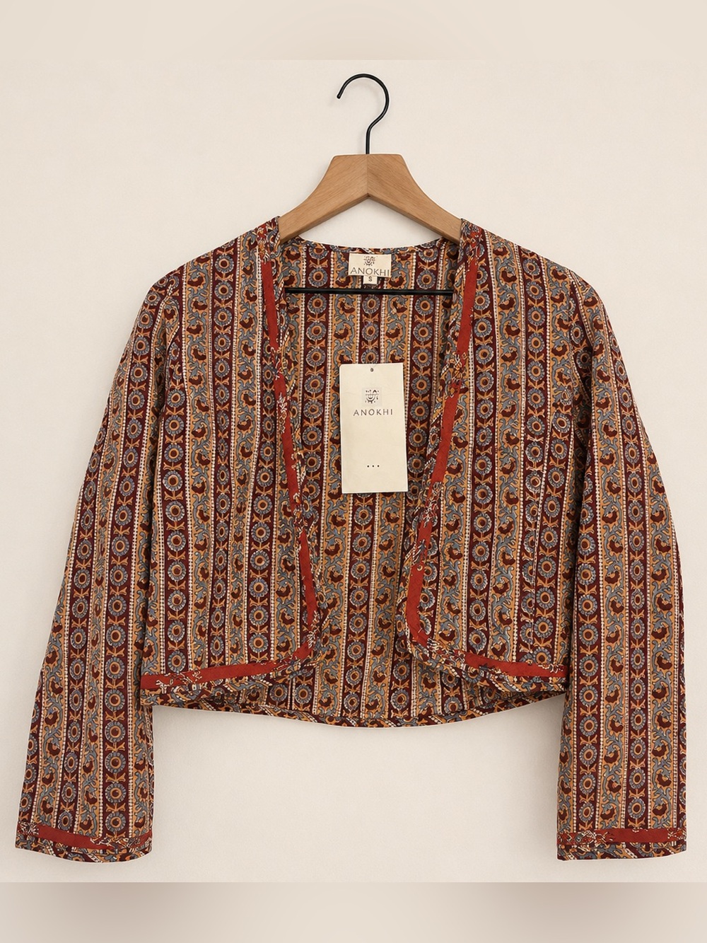 NWT ANOKHI Cotton Block Print Cropped Bolero Shrug Cardigan